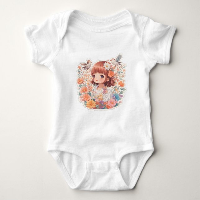 Niedliche Girl Anime im Meer von Blume Baby Strampler (Vorderseite)