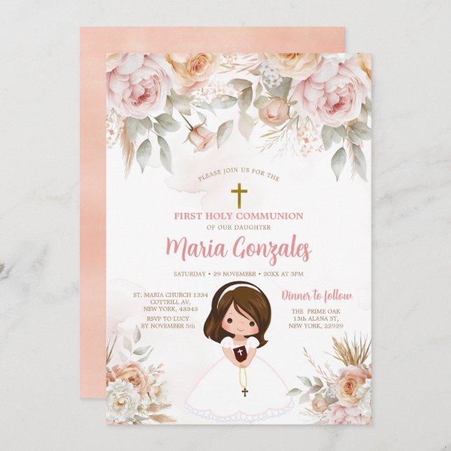 Niedliche Girl Bible Erste Heilige Kommune Peach F Einladung (Vorne/Hinten)
