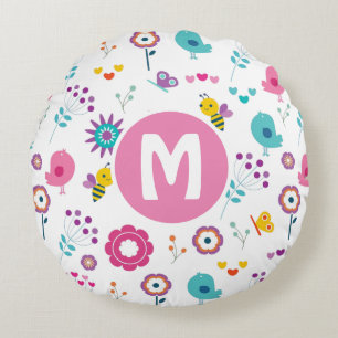 Niedliche Girl-Blume und Vogelmuster Personalisier Rundes Kissen