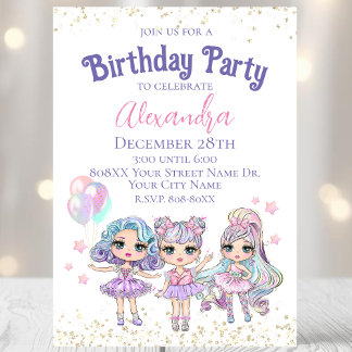Niedliche Girl Glitzer Dolls Geburtstagsparty Einladung