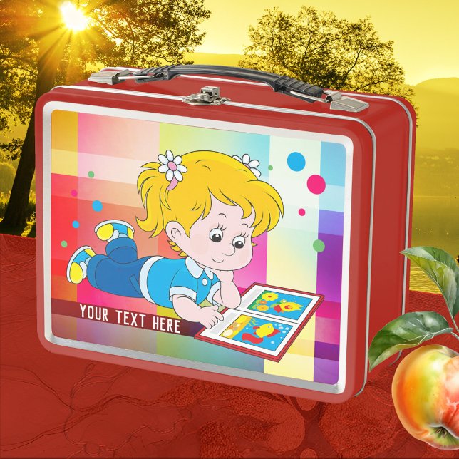 Niedliche Girl Metal Lunch Box (Lunch Box featuring a cute and colorful design with a girl reading a book - back to school)
