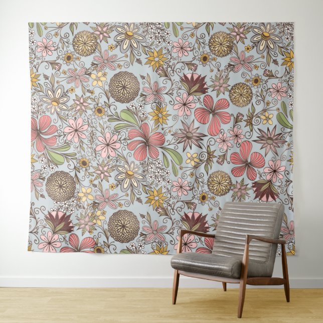 Niedliche Girl Old Rose Rosa Blumendoodles Design Wandteppich (Beispiel (Horizontal))