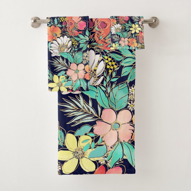 Niedliche Girl Pink Blütengolden Schlaganfälle Des Badhandtuch Set (Insitu)