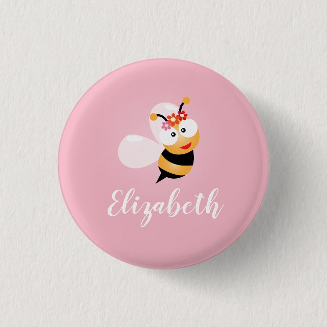 Niedliche Girl Pink Flower Honey Bee Whimsical Button (Vorderseite)