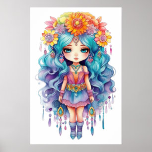 Niedliche Girl-Puppe mit gelben Blumen-Poster Poster