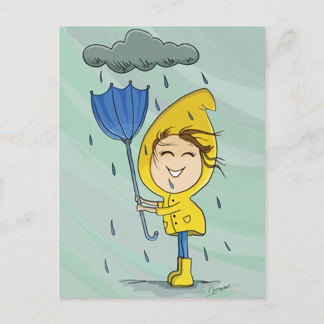 Niedliche Girl Rainy Windy Day Grafik Postkarte (Vorderseite)