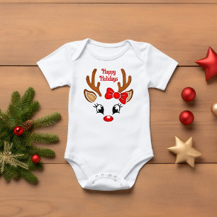 Niedliche Girl Rentier Face Happy Holidays Baby Strampler