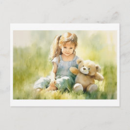 Niedliche Girl Teddy Bear Aquarellmalerei Postkarte