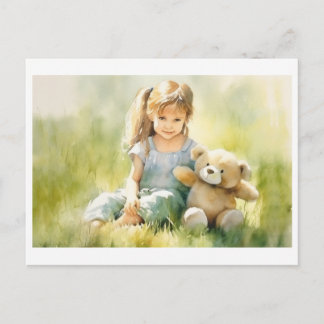 Niedliche Girl Teddy Bear Aquarellmalerei Postkarte