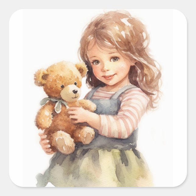 Niedliche Girl Teddy Bear Aquarellmalerei Quadratischer Aufkleber (Vorderseite)