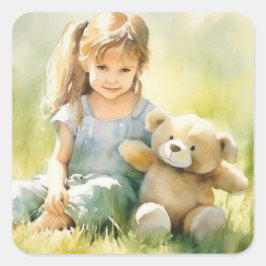 Niedliche Girl Teddy Bear Aquarellmalerei Quadratischer Aufkleber