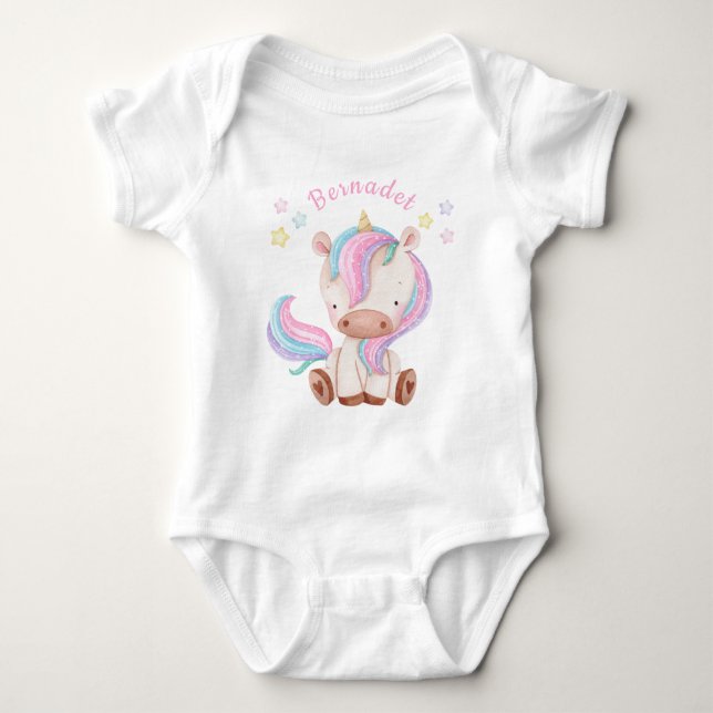 Niedliche Girl Unicorn und Stars Baby Bodysuit Strampler (Vorderseite)