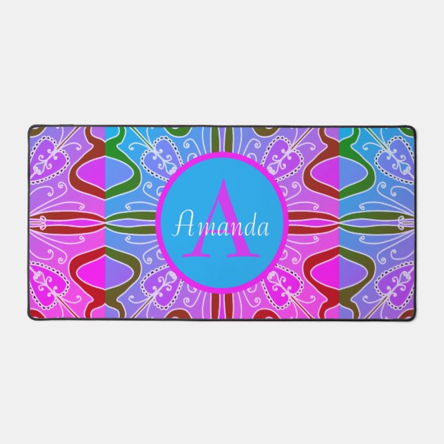 Niedliche Girl Whimsical Folk Art Rosa Lila Blau Schreibtischunterlage (Vorderseite)