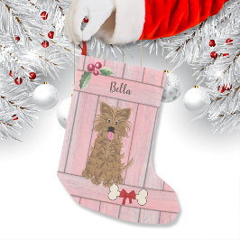 Niedliche Girl Yorkie Pink-Holzzaun-Monogramm Kleiner Weihnachtsstrumpf