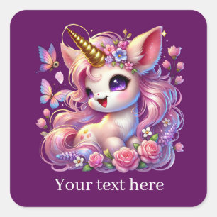 Niedliche Girls Fantasy Unicorn ergänzen Text Quadratischer Aufkleber