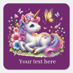 Niedliche Girls Fantasy Unicorn ergänzen Text Quadratischer Aufkleber