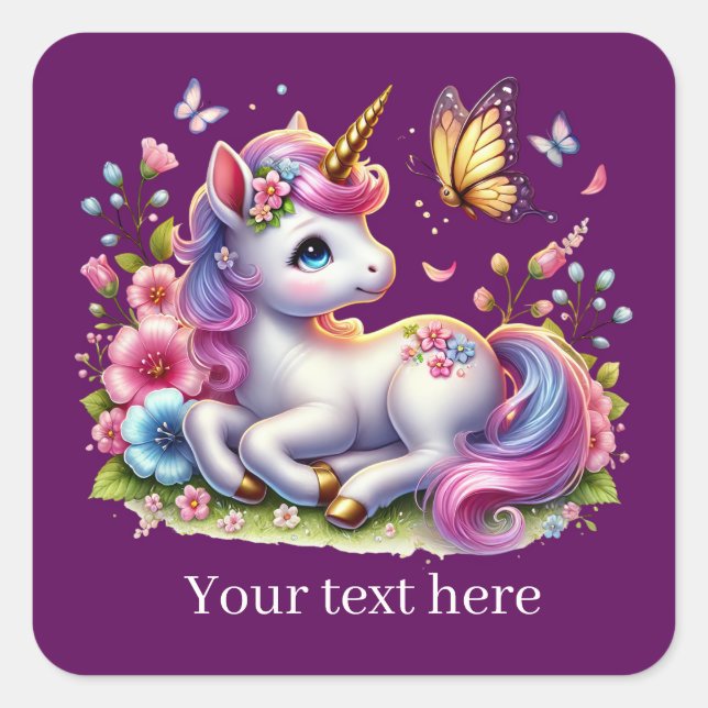 Niedliche Girls Fantasy Unicorn ergänzen Text Quadratischer Aufkleber (Vorderseite)