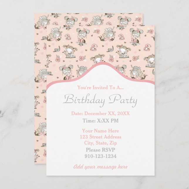 Niedliche Girls lesen Bücher Geschenkideen Einladung (Vorne/Hinten)