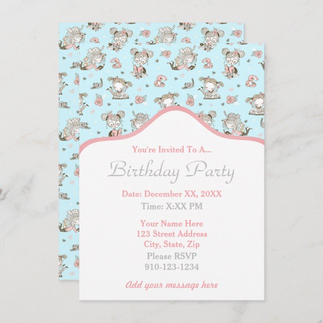 Niedliche Girls lesen Bücher Geschenkideen Einladung (Vorne/Hinten)