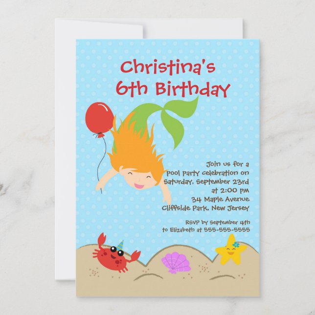 Niedliche Girls Mermaid Geburtstagspartei Einladun Einladung (Vorderseite)