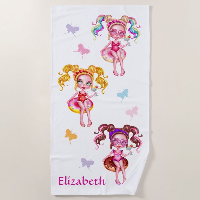 Niedliche Girls mit Butterys Personalisiert Strandtuch (Vorderseite)