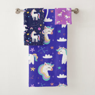 Niedliche Girls mit verschiedenen Einhorn Mustern  Badhandtuch Set