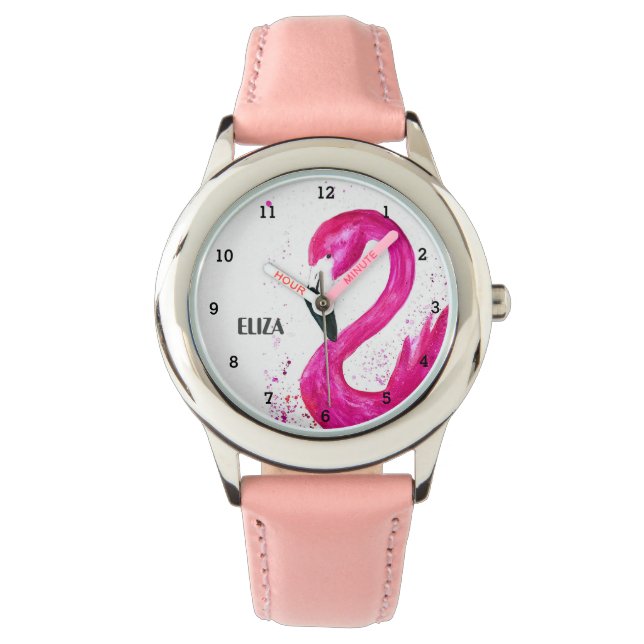 Niedliche Girls Rosa Flamingo Tropical Bird Kinder Armbanduhr (Vorderseite)