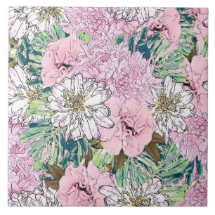 Niedliche Girly Blush Pink & White Floral Illustra Fliese