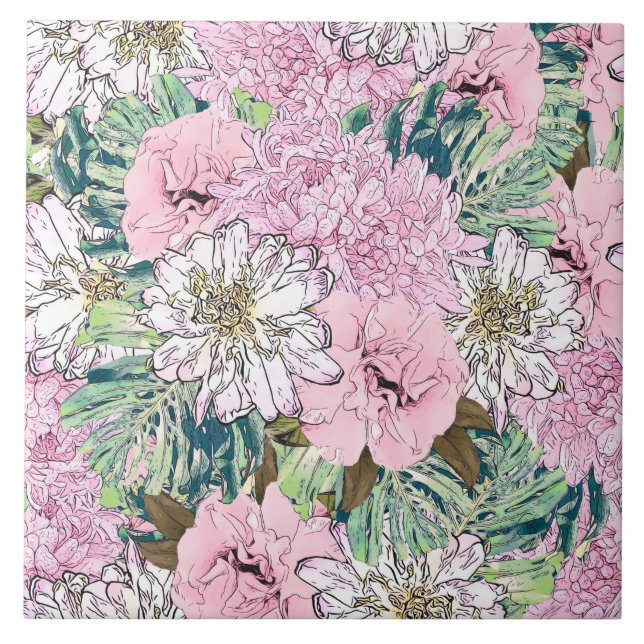 Niedliche Girly Blush Pink & White Floral Illustra Fliese (Vorderseite)