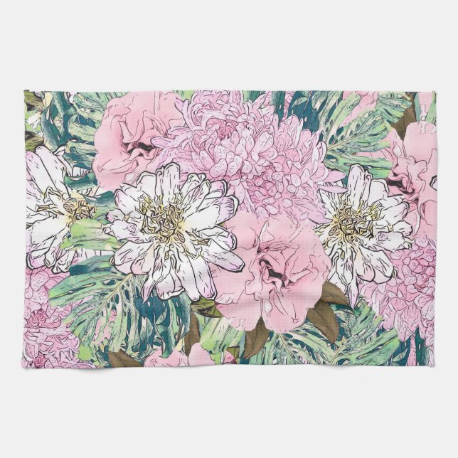 Niedliche Girly Blush Pink & White Floral Illustra Geschirrtuch (Horizontal)