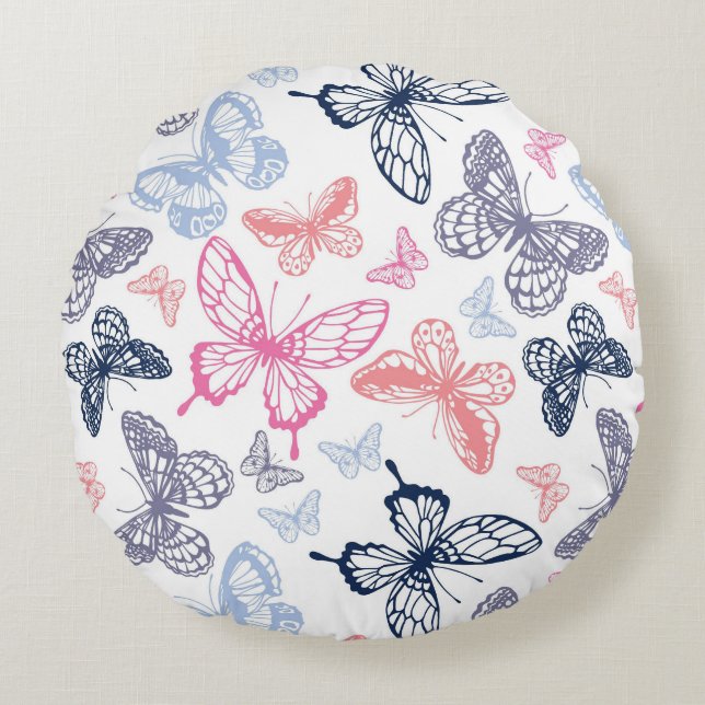 Niedliche Girly Colorful Butterfly Illustration Pa Rundes Kissen (Vorderseite)
