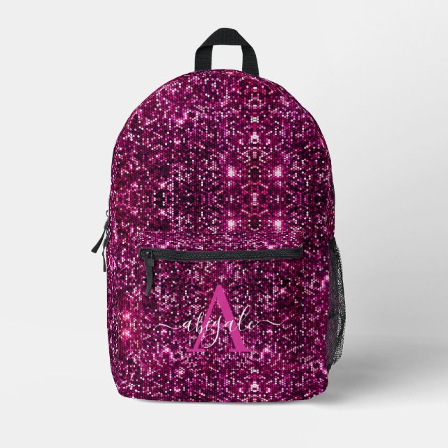 Niedliche Girly Hot Pink Glitzer Sequins Mit Monog Bedruckter Rucksack (Vorderseite)