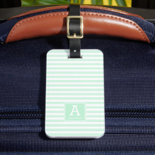 Niedliche Girly Mint Green Stripes Mit Monogramm I Gepäckanhänger