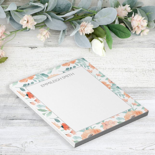 Niedliche Girly Peach Blume Grüne Blätter Notepad Notizblock (Von Creator hochgeladen)