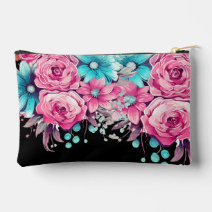 Niedliche Girly Pink & Aquamarine Blumen Make-up B Zubehörtasche