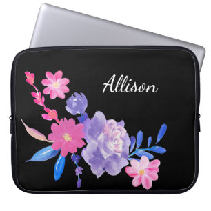 Niedliche Girly Pink Black Floral Monogram Blume L Laptopschutzhülle
