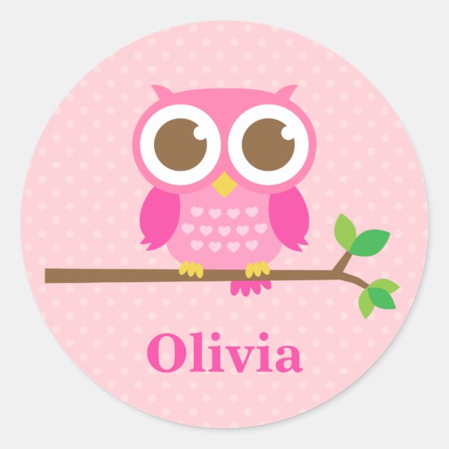 Niedliche Girly Pink Owl auf der Zweigstelle für M Runder Aufkleber (Vorderseite)