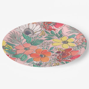Niedliche girly rosa Blumenhand gezeichneter Pappteller