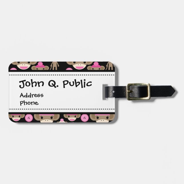 Niedliche Girly rosa Socke Monkeys Mädchen auf Gepäckanhänger (Vorderseite horizontal)