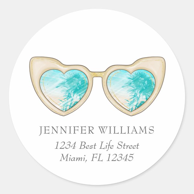 Niedliche Girly-Sonnenbrille Palm Trees Rücksendea Runder Aufkleber (Vorderseite)