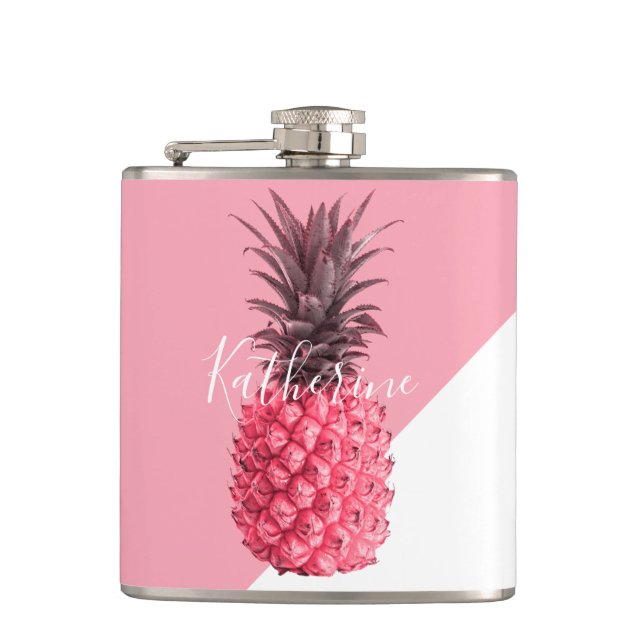 Niedliche girly tropische rosa und weiße Ananas Flachmann (Vorderseite)