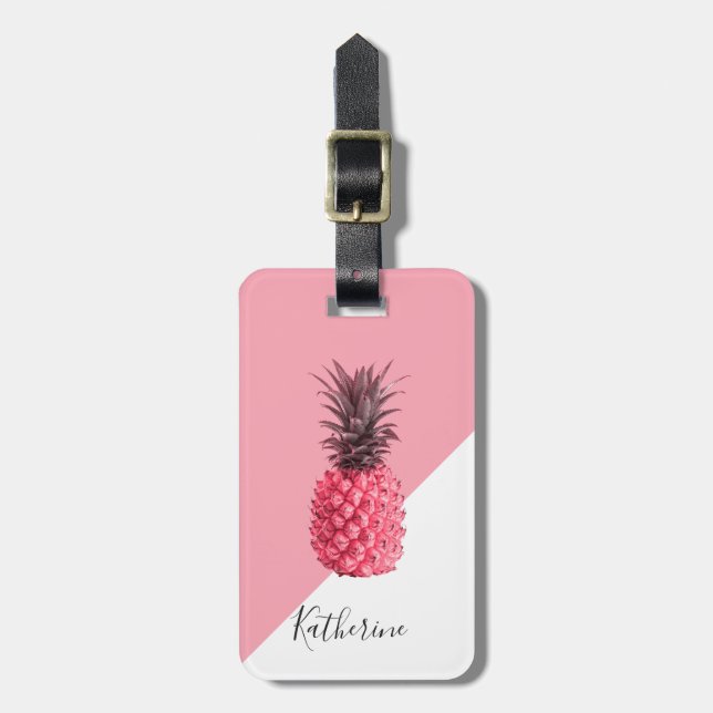 Niedliche girly tropische rosa und weiße Ananas Gepäckanhänger (Vorderseite vertikal)