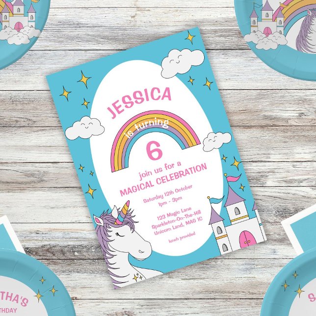 Niedliche Girly Unicorn Magical Birthday Party num Einladung (Von Creator hochgeladen)