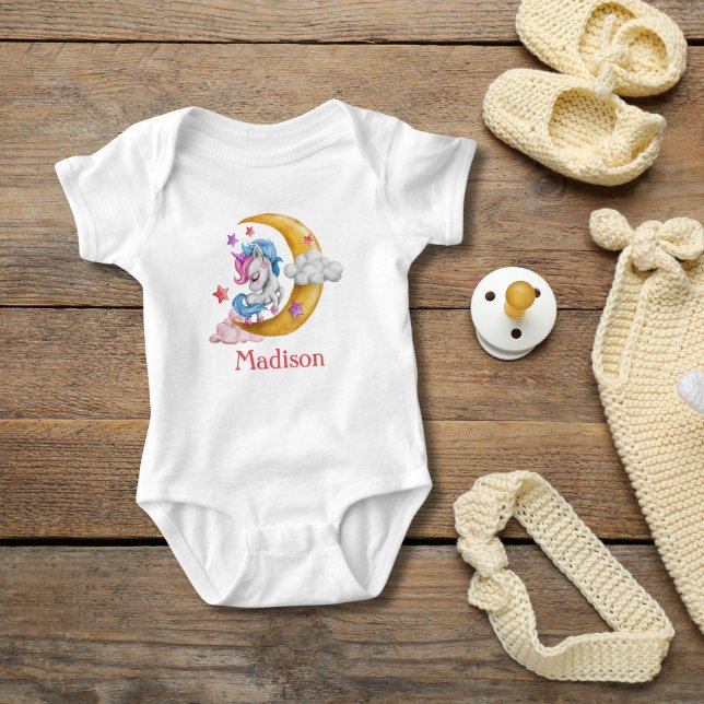 Niedliche Girly Unicorn Moon Clouds Pink personali Baby Strampler (Personalized Monogrammed Unicorn Moon Clouds Baby girl baby body suit. Baby Shower gift, new baby )