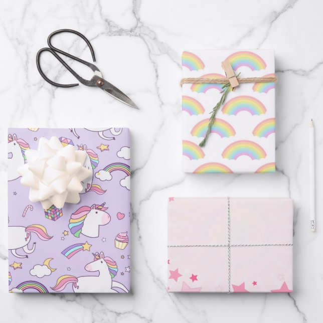 Niedliche Girly Unicorn Regenbogenstars Geschenkpapier Set (Vorderseite)
