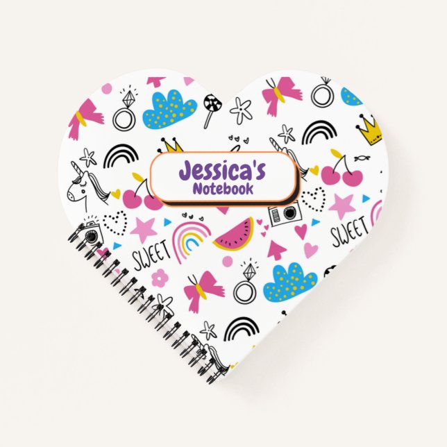 Niedliche Girly Unicorn Stars Rainbow Fun Vorname Notizbuch (Vorderseite)