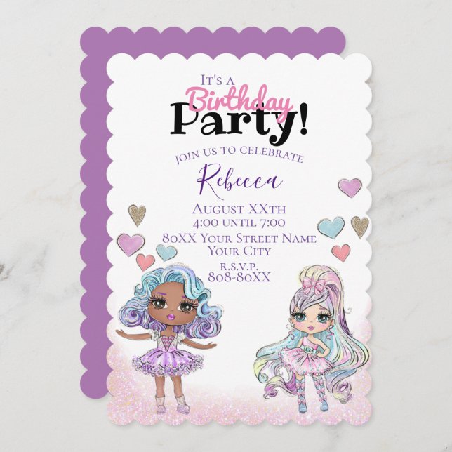 Niedliche Glitzer-Puppen und Herz-Girl-Party Einladung (Vorne/Hinten)
