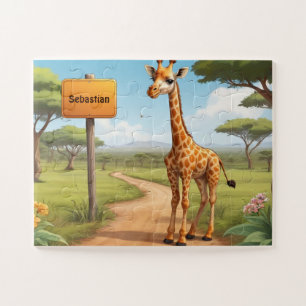 Niedliche glückliche Giraffe in Savanne mit Namen Puzzle