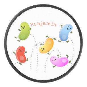 Niedliche glückliche Jellybohnen springende Cartoo Eishockey Puck