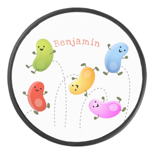 Niedliche glückliche Jellybohnen springende Cartoo Eishockey Puck (Vorderseite)